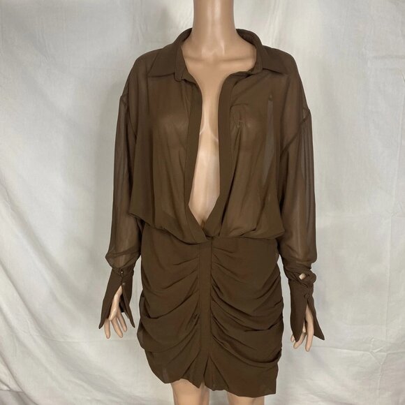 NEW HOUSE OF CB Women's Deep V-Neck Puff Skirt Mini Dress Size XL Brown - Picture 1 of 7